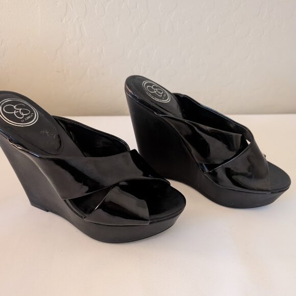 Jessica Simpson Black Patton Leather Platform Wedge Heels Size 7M - Picture 2 of 5